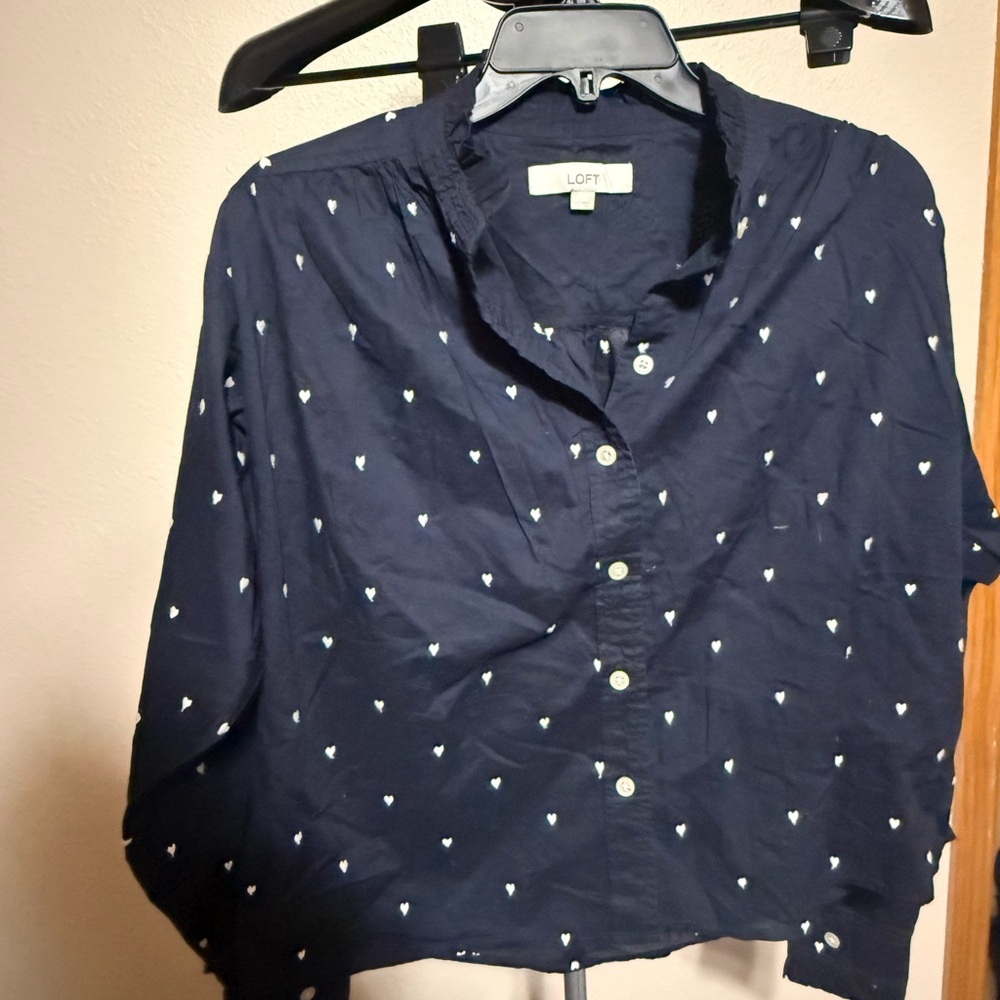 LOFT Dark Blue Button-Down Shirt with White‎ Accents